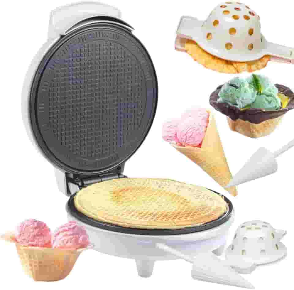 Cone de waffle e tigela para cones de sorvete caseiros - inclui rolo modelador e prensa de tigela exclusivo da Amazon - máquina de ferro waffler antiaderente elétrica para sudae de sobremesa faça você