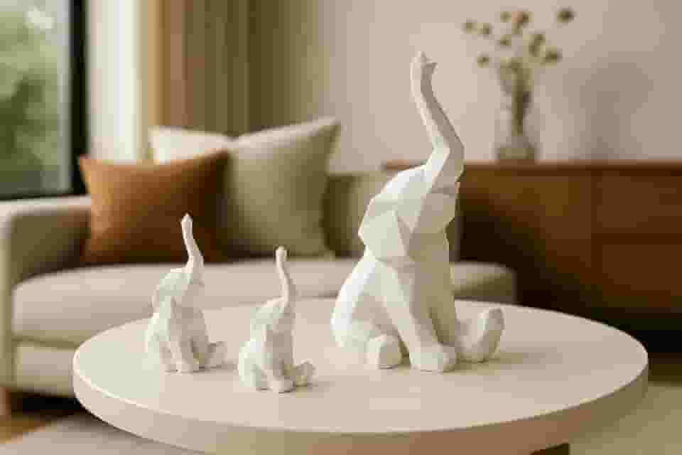 Kit Elefante Decorativo Minimalista – 3 Peças Geométricas com Estilo Sofisticado (Branco)