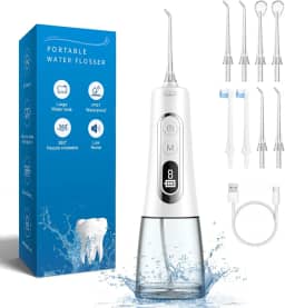 Irrigador Oral Portátil com fio Dental de água, 300ml, Recarregável, à Prova d'água IPX7, 9 Modos com Display LED, 8 Bicos de Jato, para Uso Doméstico e Em Viagens - Branco