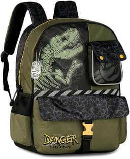 Mochila Escolar Infantil Dinossauro T-Rex, Verde Militar e Preto, Design Danger Attack, com Bolsos Laterais e Fecho de Segurança