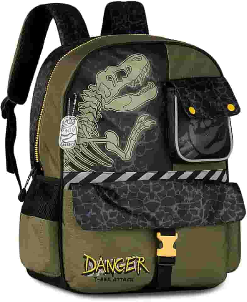 Mochila Escolar Infantil Dinossauro T-Rex, Verde Militar e Preto, Design Danger Attack, com Bolsos Laterais e Fecho de Segurança