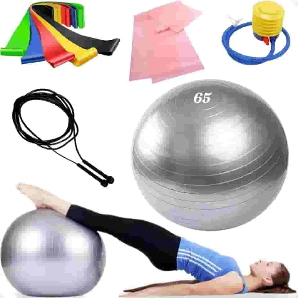 Bola de Pilates Suiça 65cm com bomba Yoga Ginastica + 6 Elasticos + Corda de Pular