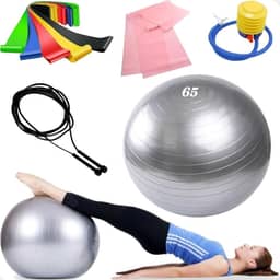 Bola de Pilates Suiça 65cm com bomba Yoga Ginastica + 6 Elasticos + Corda de Pular