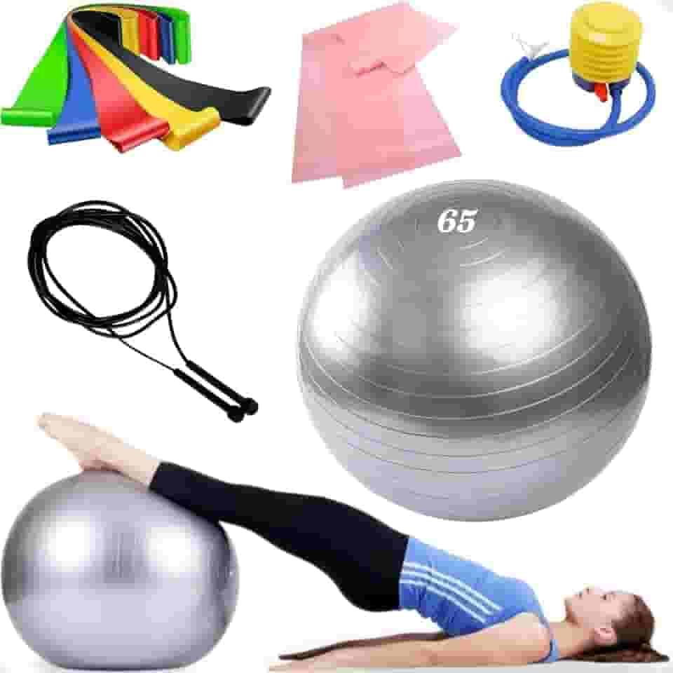 Bola de Pilates Suiça 65cm com bomba Yoga Ginastica + 6 Elasticos + Corda de Pular
