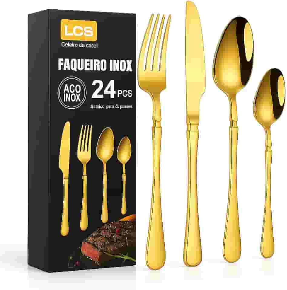 Faqueiro Inox Dourado 24 Peças Mesa Posta - Design Moderno e Elegante/Serve 6 Pessoas (DOURADO)
