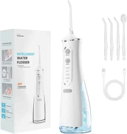 Abacafly Irrigador Oral, 110-220V Irrigador Bucal com Quatro Modos de Limpeza, Irrigador Dental com Quatro Bicos Profissionais, Jato de Agua Bucal com Tanque de Agua de 300ML, IPX7