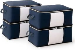 Kit com 4 Bolsas Organizadoras Grandes Roupas de Cama Sapatos Brinquedos Tamanho 60x40x35 Multiuso Fechamento com Zíper Alças Laterais Dobrável Flexível Visor Transparente - ECOMLAR® (Azul)
