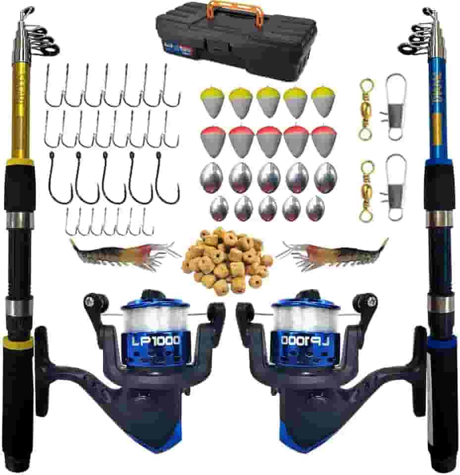 Kit de Pesca Completo com 2 Varas Telescópicas, 2 Molinetes LP1000, Anzóis, Boias, Chumbadas e Acessórios