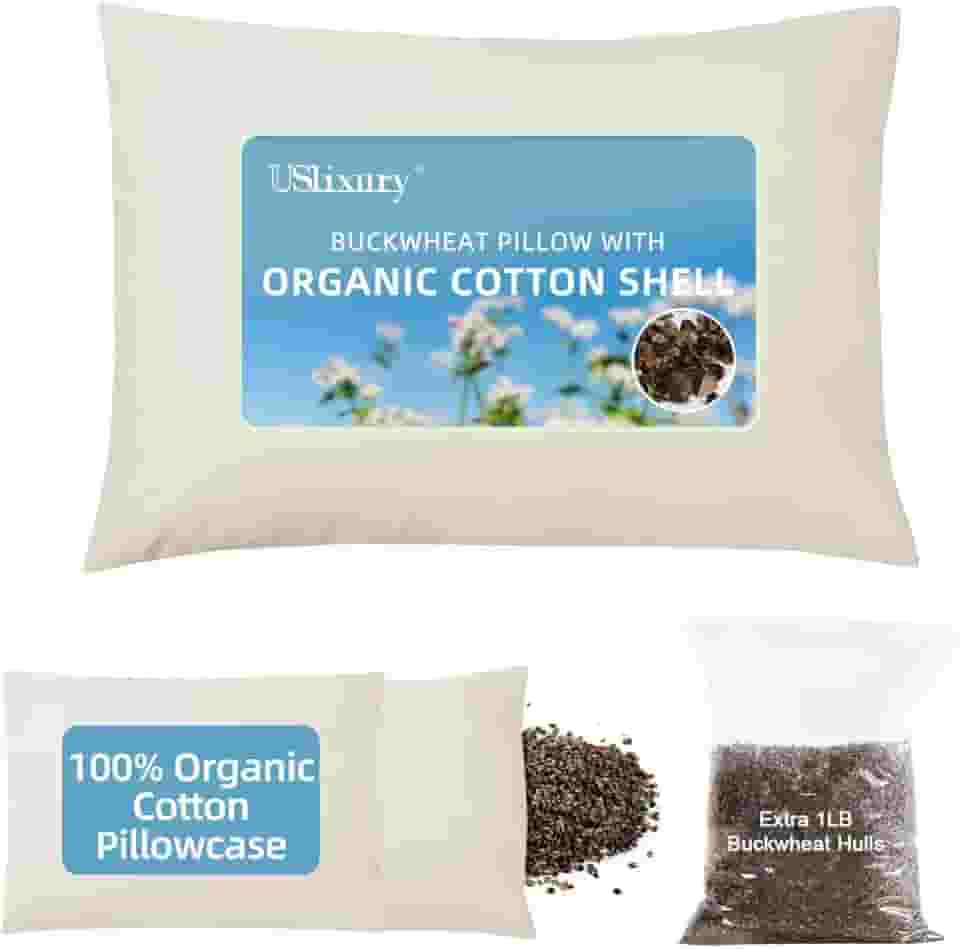 USlixury Travesseiro de trigo sarraceno com fronha extra orgânica e cascos extras, altura e firmeza ajustáveis, travesseiro de trigo sarraceno orgânico, suporte de pescoço firme para pessoas que