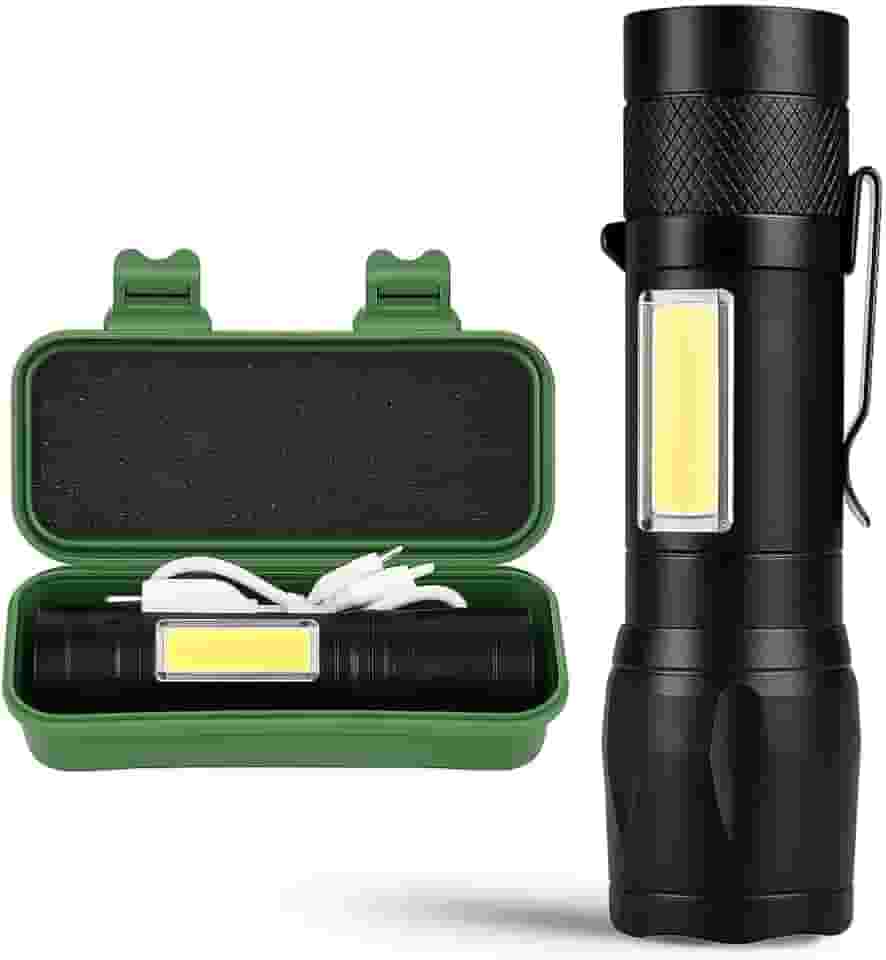 Lanterna Tática LED Recarregável USB – Super Potente, Zoom Ajustável, 3 Modos + COB Lateral, Resistente à Água – Ideal para Camping, Trilhas, Pesca, Emergências e Uso Profissional