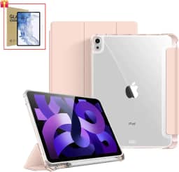 Capa Para iPad Air 4ª/5ª/M2/M3 Geração 10,9/11', Com Suporte a Caneta, Fundo Transparente para DIY/Anti Impacto/Auto Sleep/Premium Resistente Funcional (Rosa, Com Película de Vidro)