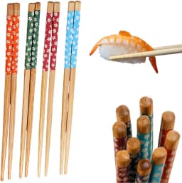 Kit 4 Pares de Hashi Feitos De Bambu Ornamentados Chopstick Design Premium Reutilizável Sustentável Prático Ideal Para Comida Japonesa e Chinesa Pauzinho de Comida Hashis Longos
