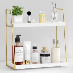 Organizador de bancada de banheiro, organizador de balcão para pia de banheiro, prateleira de madeira para armazenamento de maquiagem, bandeja de banheiro com suporte de 2 camadas para bancada, vaso