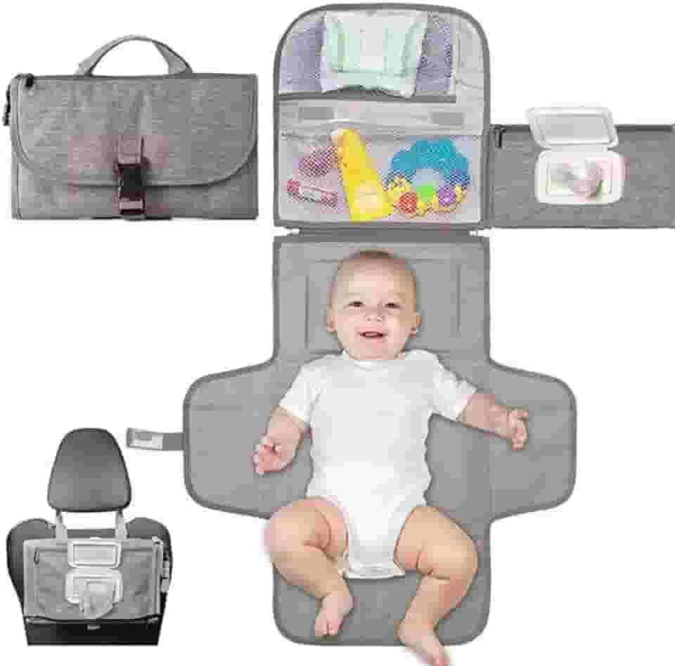 2 em 1 Trocador de Fraldas Portátil, Bolsa Trocador Portátil Dobrável Reutilizável Bebê Menina/Menino recém-nascidos – trocar bebê com bolso inteligente Dobrável Com Porta Fralda e Lenço – Kit troca de viagem impermeável (Cinza)