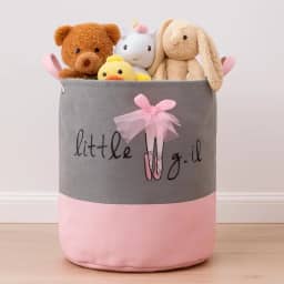 Cesto Organizador Infantil Dobrável de Roupas e Brinquedos para Menina, Rosa e Cinza, estampa Bailarina, 45x35cm.