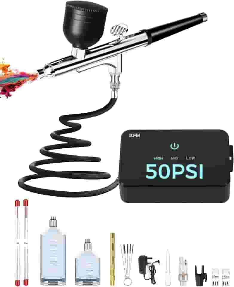 Kit de aerógrafo com compressor de ar, escova de ar de alta pressão de 50 PSI com conjuntos de bocal/limpeza de 0,2/0,3/0,5 mm, ideal para modelagem, pintura, unhas, maquiagem e decoração de bolos