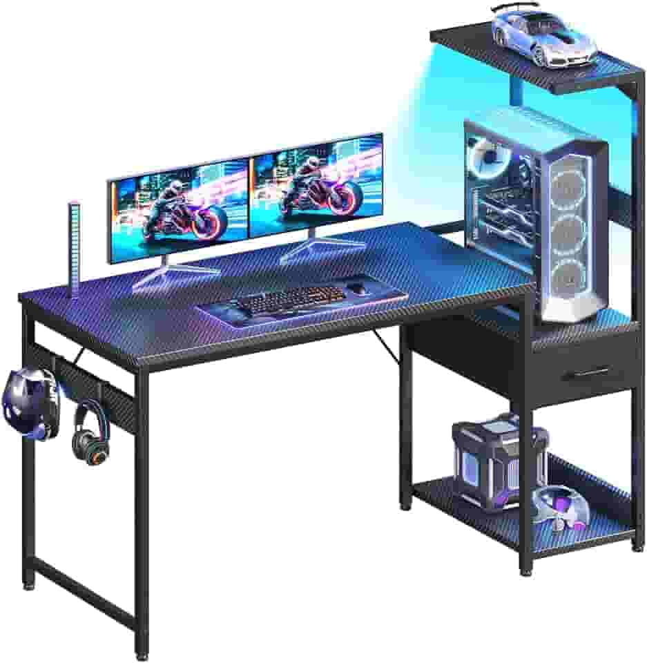 Casaottima Mesa de jogos de 121 cm com armazenamento e luz LED, mesa reversível para computador PC gamer com gaveta de tecido e ganchos laterais, mesa de jogos moderna com prateleiras, preta