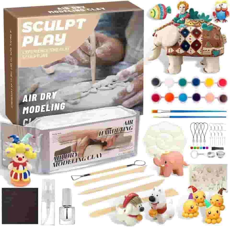 GOVOY Kit de cerâmica de argila seca a ar, kit de argila DIY para iniciantes, feito à mão em casa, com 12 peças de tintas, ferramentas de escultura de madeira, molde de animal, conjunto de artes e