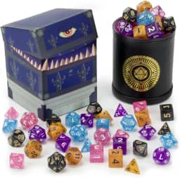 Wiz Dice Cup of Wonder: 5 conjuntos de 7 dados poliédricos com glitter premium para RPGs de mesa com copo de dados de couro bicast preto