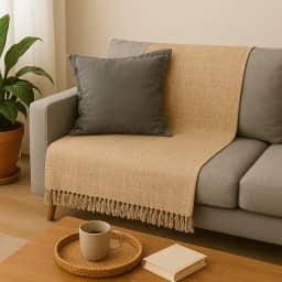 Manta de Sofá Minimalista, 210 x 150 cm, 100% Algodão, Acabamento Artesanal com Franjas (Bege)