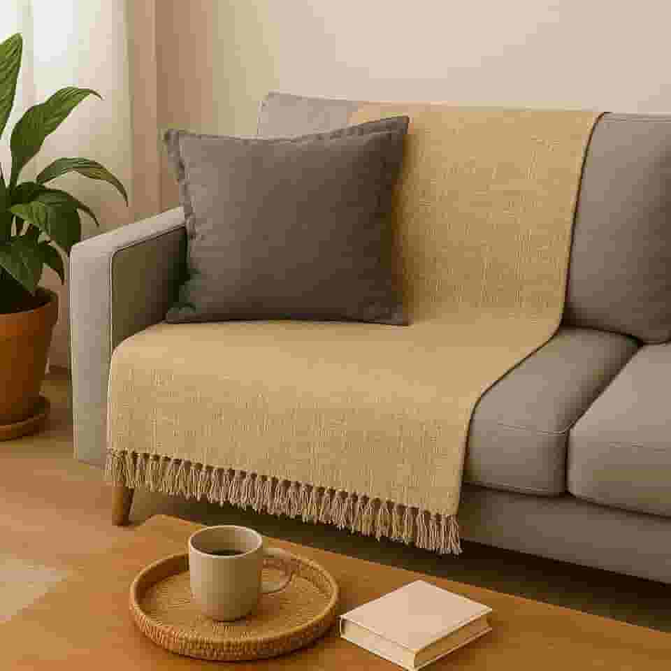 Manta de Sofá Minimalista, 210 x 150 cm, 100% Algodão, Acabamento Artesanal com Franjas (Bege)