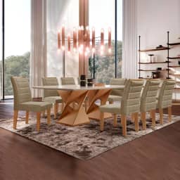 Conjunto Sala De Jantar Genova Tampo Vidro/mdf com 8 Cadeiras Genova Smart Plus Cel Móveis Cinamomo/off White/marrom Claro