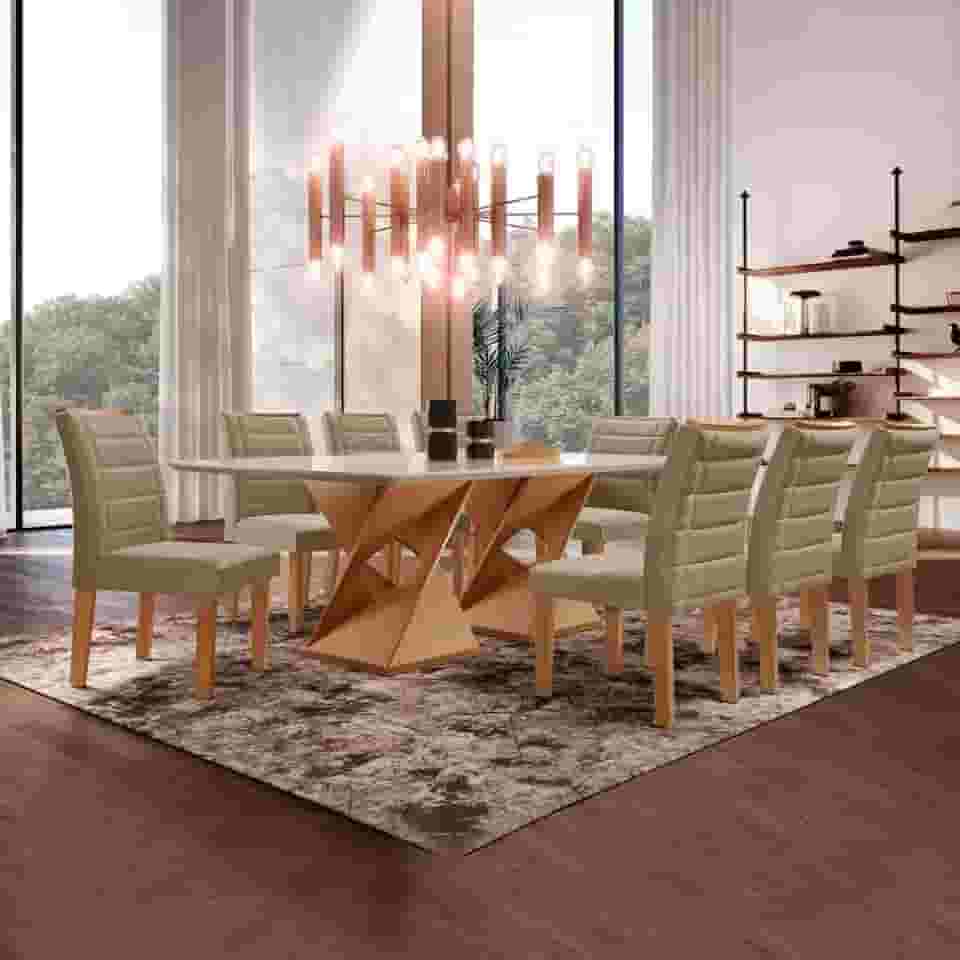 Conjunto Sala De Jantar Genova Tampo Vidro/mdf com 8 Cadeiras Genova Smart Plus Cel Móveis Cinamomo/off White/marrom Claro
