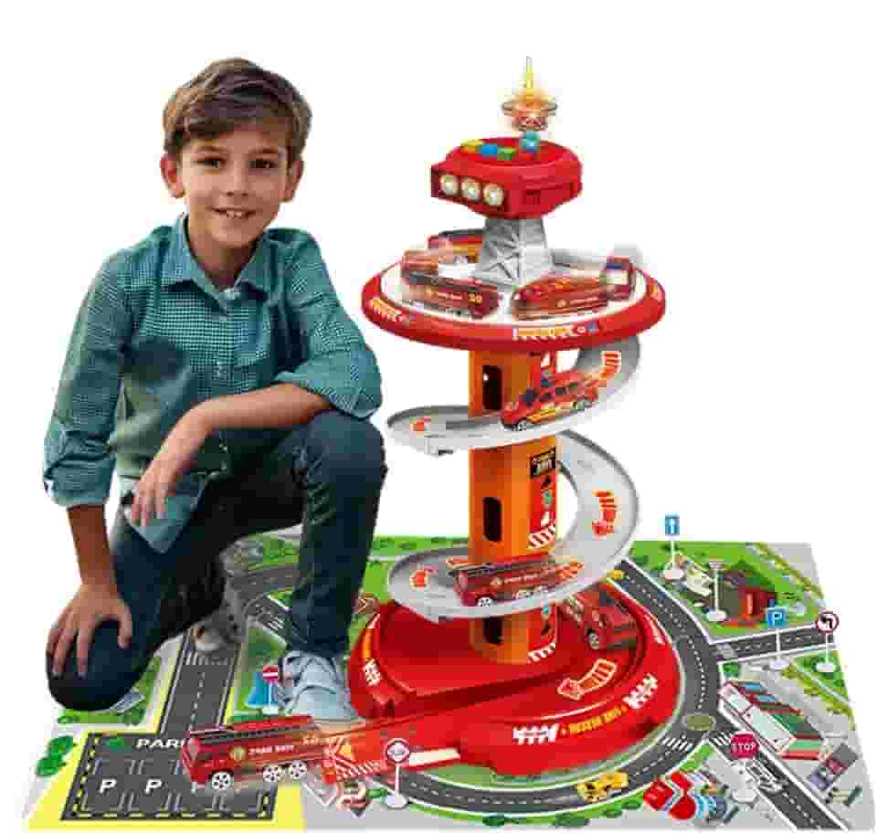 Pista de Carrinhos Infantil Brinquedo Corrida Posto Bombeiro Com Luz e Som