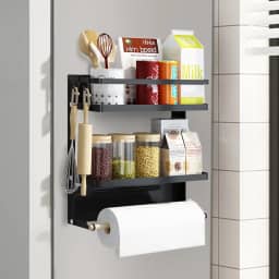 Suporte Organizador Magnético Porta-temperos para geladeira, Prateleira Magnética com Suporte de toalha de papel, Prateleira de Armazenamento de Geladeira de Cozinha de 2 camadas