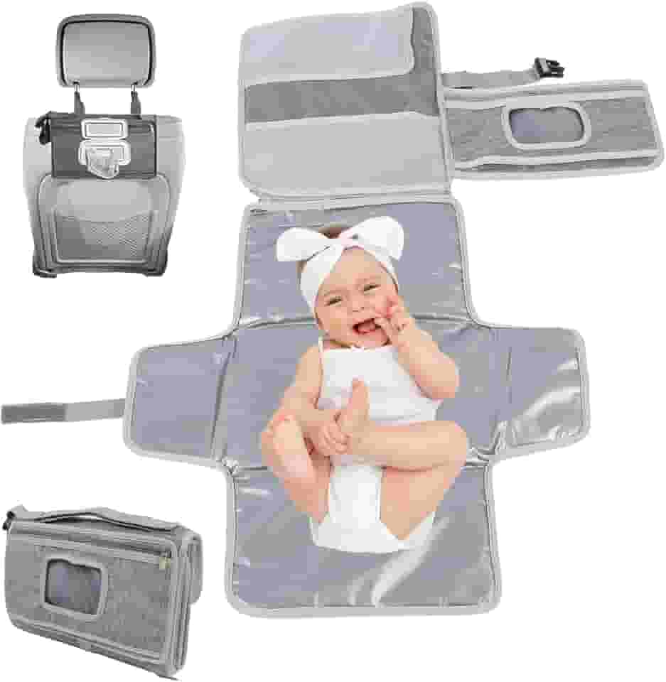 Trocador portátil para recém-nascido, trocador de fraldas expansível com bolsos para lenços umedecidos Almofada de troca de bebê resistente à água para viagens, compras, presentes de chuveiro (Cinza)