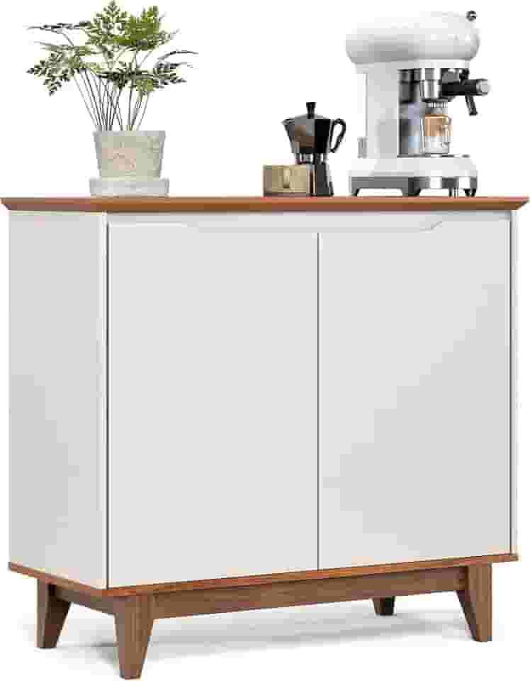 Aparador Bancada Sala Decoração Buffet Balcão Jantar Armário Cozinha Cantinho do Café 2 Portas Flow - Offwhite/Freijó