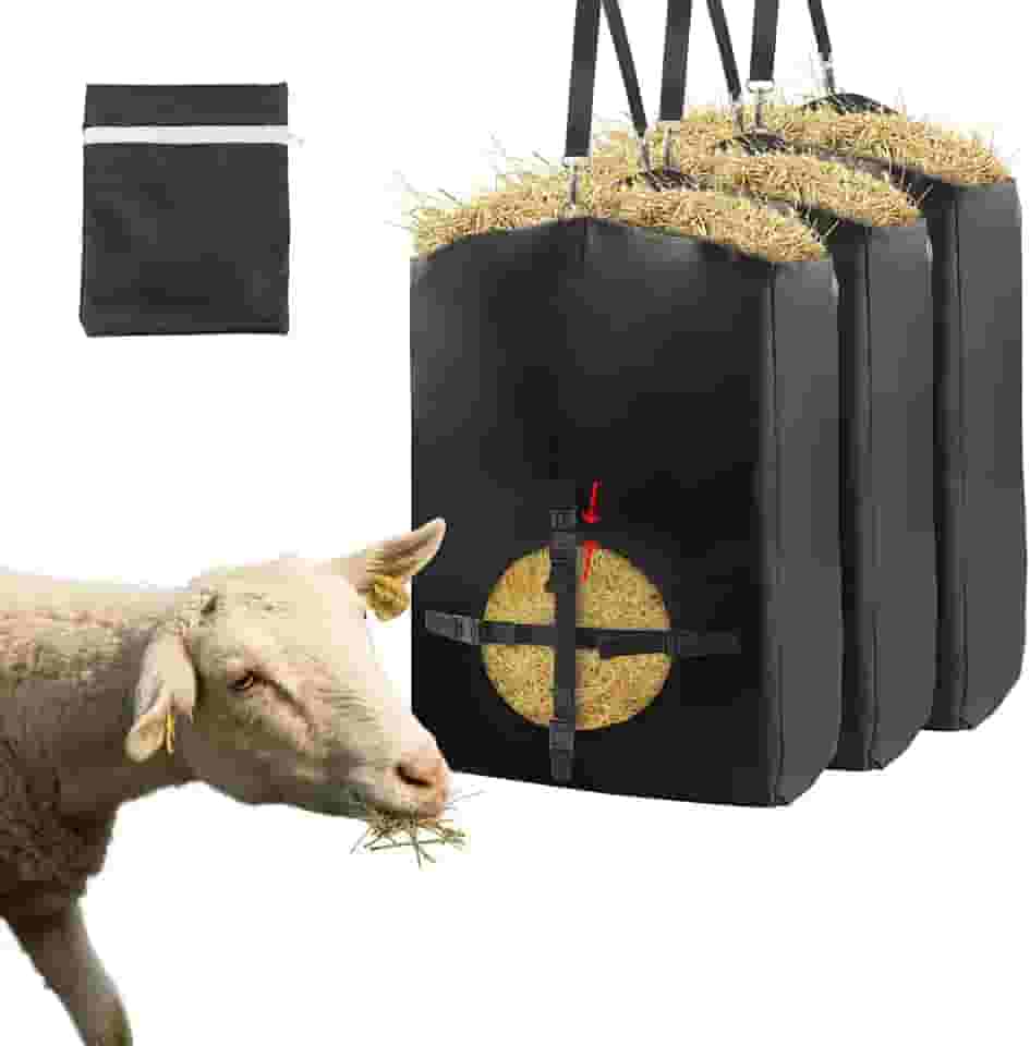 3 sacos de feno de cabra, sacos de feno de alimentação lenta com fivela cruzada removível e trava de escada ajustável, bolsa de alimentação com alça ajustável fácil de pendurar para cavalos, cabras e