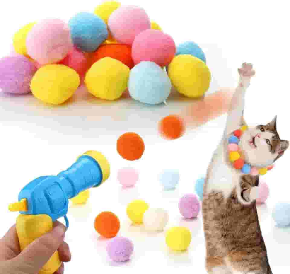 Aiersa Lançador de bola de brinquedo para gatos, pistola de tiro de bola de pelúcia com 20 bolas de pompom, brinquedo interativo para buscar gatos em ambientes internos