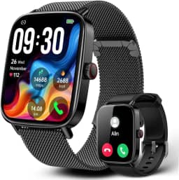 Smartwatch Relógio Inteligente, Tela HD de 1,85' Relógio Fitness, 120 Esportes, Frequência Cardíaca e Monitoramento do Sono, IP68 à rova d'água, Compatível com Android iOS, 2 Pulseiras (Preto)