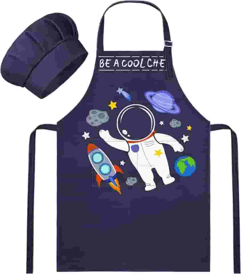 MHJY Avental infantil e chapéu de chef para meninos aventais infantis com bolsos, avental ajustável para cozinhar pintura de cozimento 3-12 anos