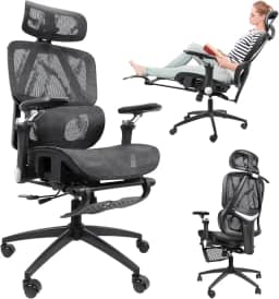 Hivento Cadeira de Escritório Ergonômica com Encosto Ajustável de 145°, Apoio para os Pés, Apoio Lombar e Apoio de Cabeça Ajustáveis, Braços 9D e Capacidade de Carga de até 150 kg