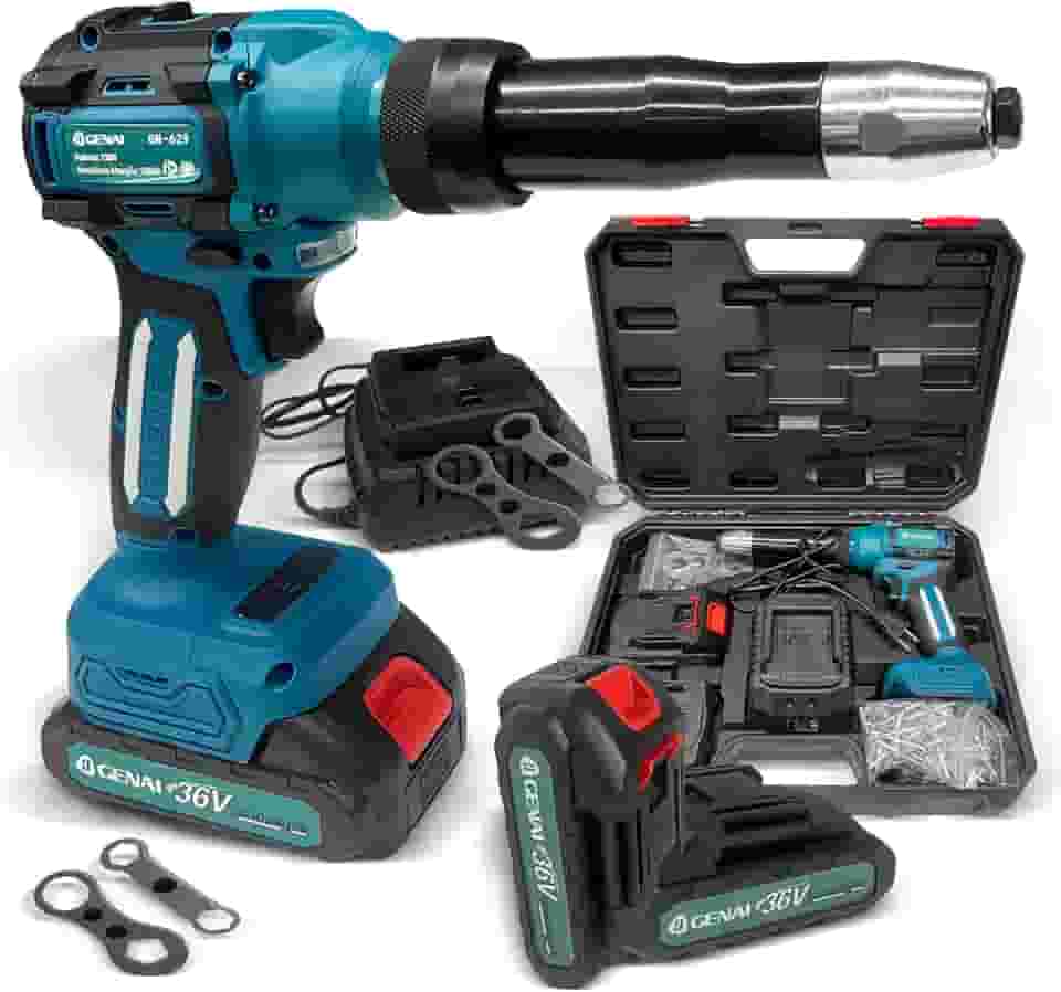 Pistola de rebite sem fio compatível com bateria 36V, kit de pistola de rebite elétrica com um kitbox, kit de ferramentas de rebitador cego sem escova para rebites