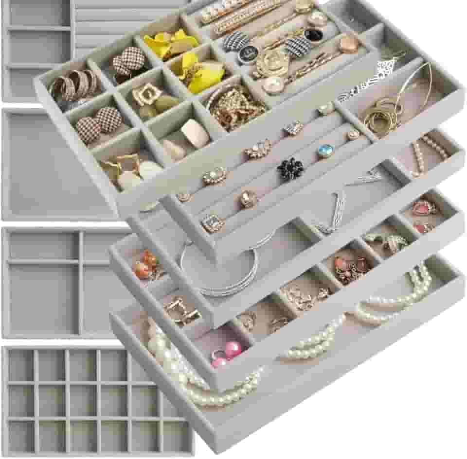 Kit 6 Bandejas Para Jóias Bijuterias Organizadores de Gaveta Com Divisorias Veludo Pu (Cinza)