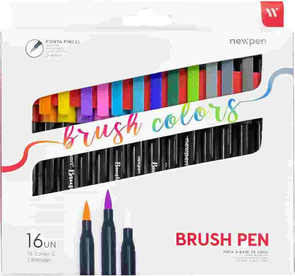 Caneta Ponta Pincel, Newpen, Brush Pen, Newpen, 15 Cores + 1 Blender, 16 unidades