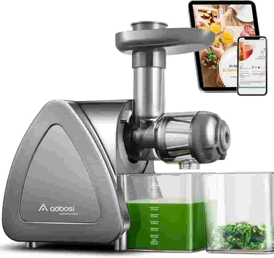 Máquina de suco Aobosi, espremedores de mastigação lenta, máquinas de espremer a frio com função inversa, motor silencioso, alto rendimento de suco com jarro de suco e escova para limpeza (cinza)
