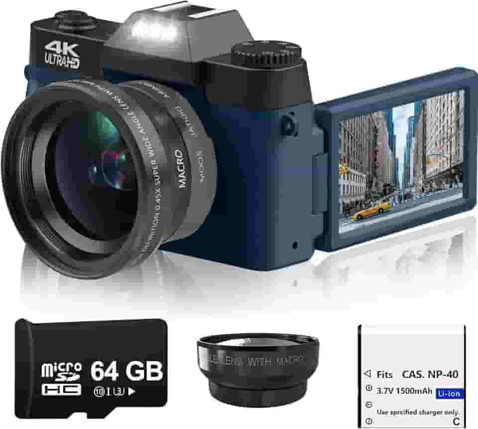 Câmera Digital 4K 56Mp Para Fotografia, Vlogs E Youtube Com Tela Flip De 3,0'' 180°, Wi-Fi, Zoom 16X, Lente Grande Angular Macro, Bateria Recarregável, Cartão Micro Sd 64 Gb (Azul Marinho)