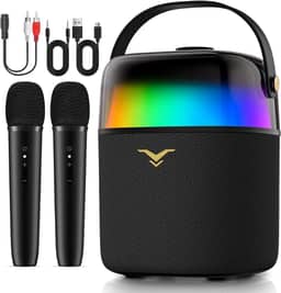 Caixa de Som Bluetooth Karaoke PartyFree, Partybox com Dois Microfones Sem Fio, Sistema de PA com Modo Discurso e Luzes LED Dinâmicas Embutidas, Suporta FM/AUX/USB/6,35mm, para Festa Presente