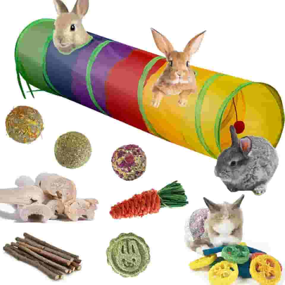 Brinquedos de coelho, túnel e tubo de esconderijo de coelho grande com brinquedos de mastigar para moer dentes, palitos de maçã, cenoura, bucha e bola de grama para coelho, porquinho-da-índia