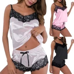 Pijama Curto Feminino Baby Doll De Seda Short e Camisa Lingerie Renda Floral Sexy Sem Bojo Confortável Conjunto de 2 Peças