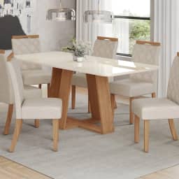 Conjunto Sala Jantar Mesa Lins 160cm Canto Arredondado com Vidro + 6 Cadeiras Bella Nature/Off White