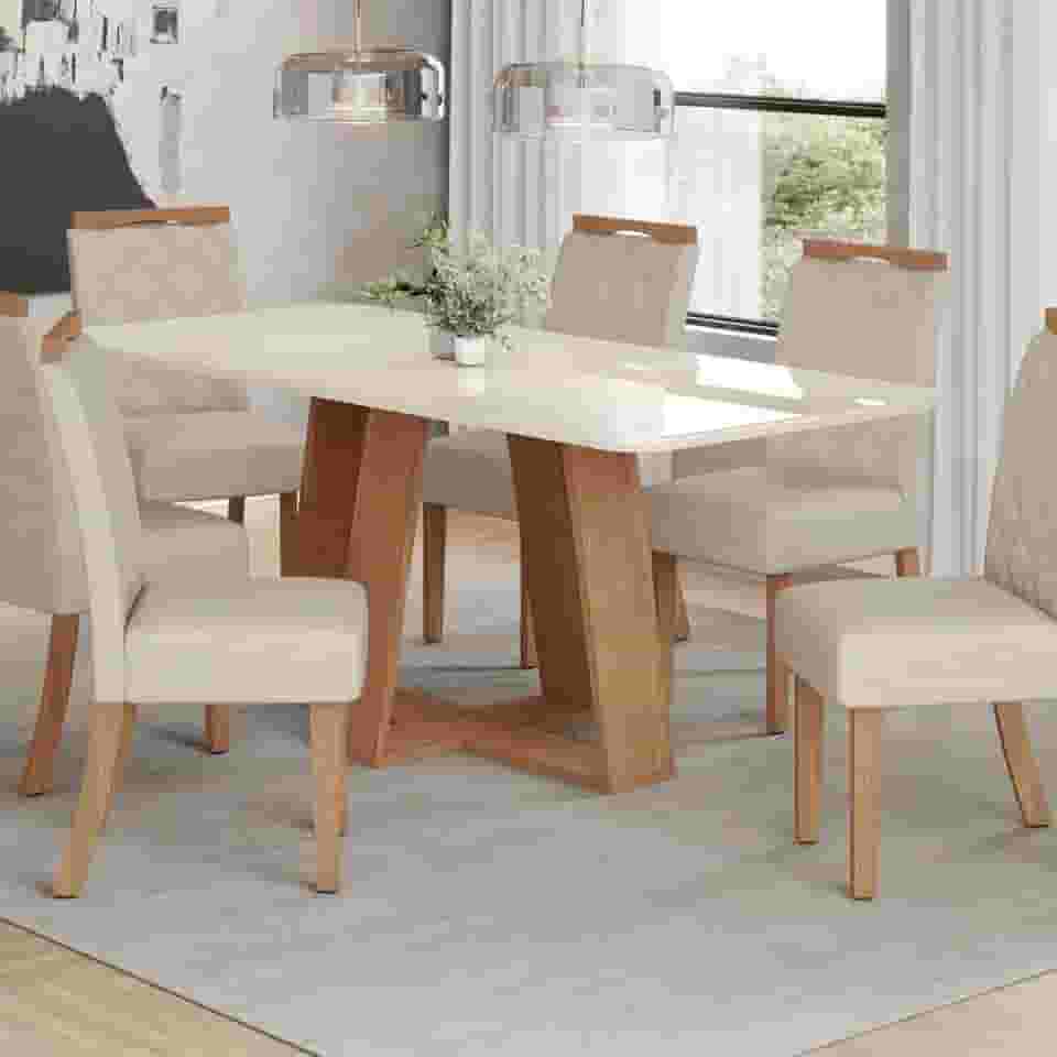 Conjunto Sala Jantar Mesa Lins 160cm Canto Arredondado com Vidro + 6 Cadeiras Bella Nature/Off White
