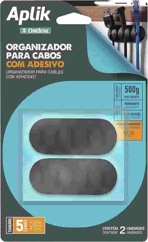 Ordene - Organizador para Cabos Emborrachado para até 5 Cabos, com Adesivo, Cor Preta, Linha Aplik