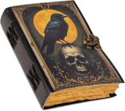 Diário de couro – Caderno gótico vintage feito à mão de corvo e caveira 7 × 5 | 240 páginas em branco | Cadeado | Couro genuíno de flor integral | Grimório Wiccan sem forro e presente de