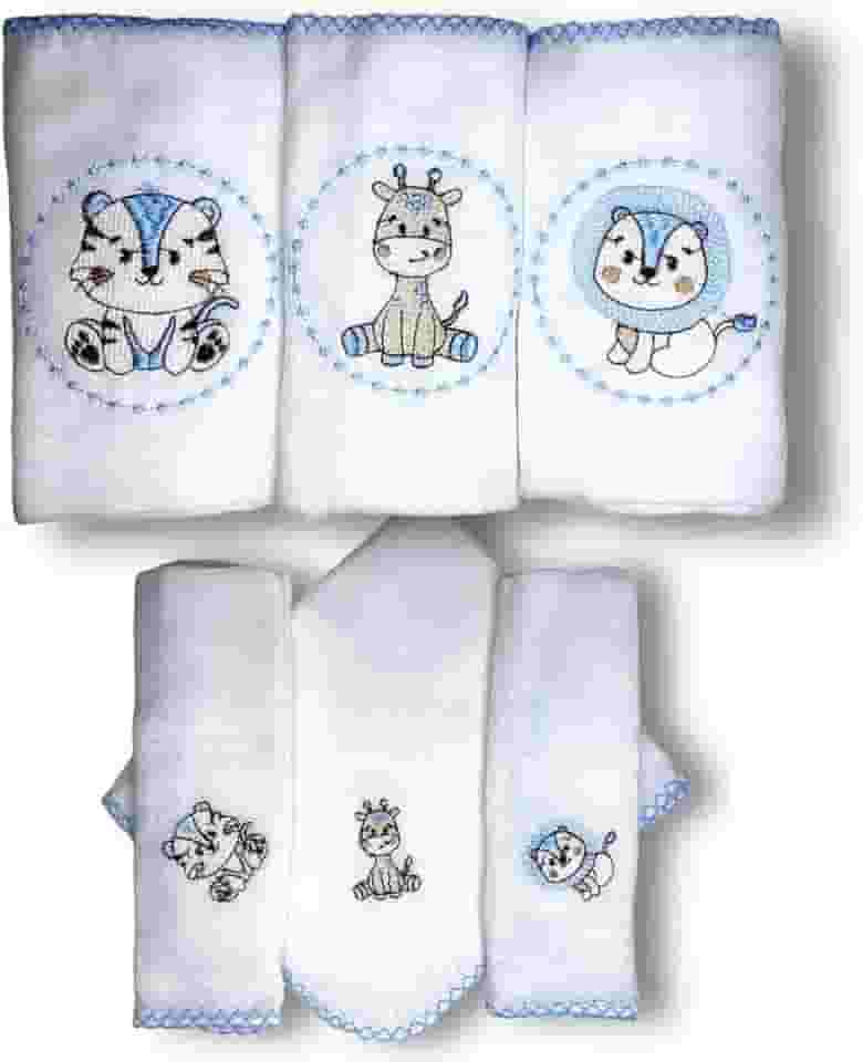 Kit SAFARI com 6 Fraldas De Pano Bordadas (3 De Ombro + 3 De Boca) (AZUL)