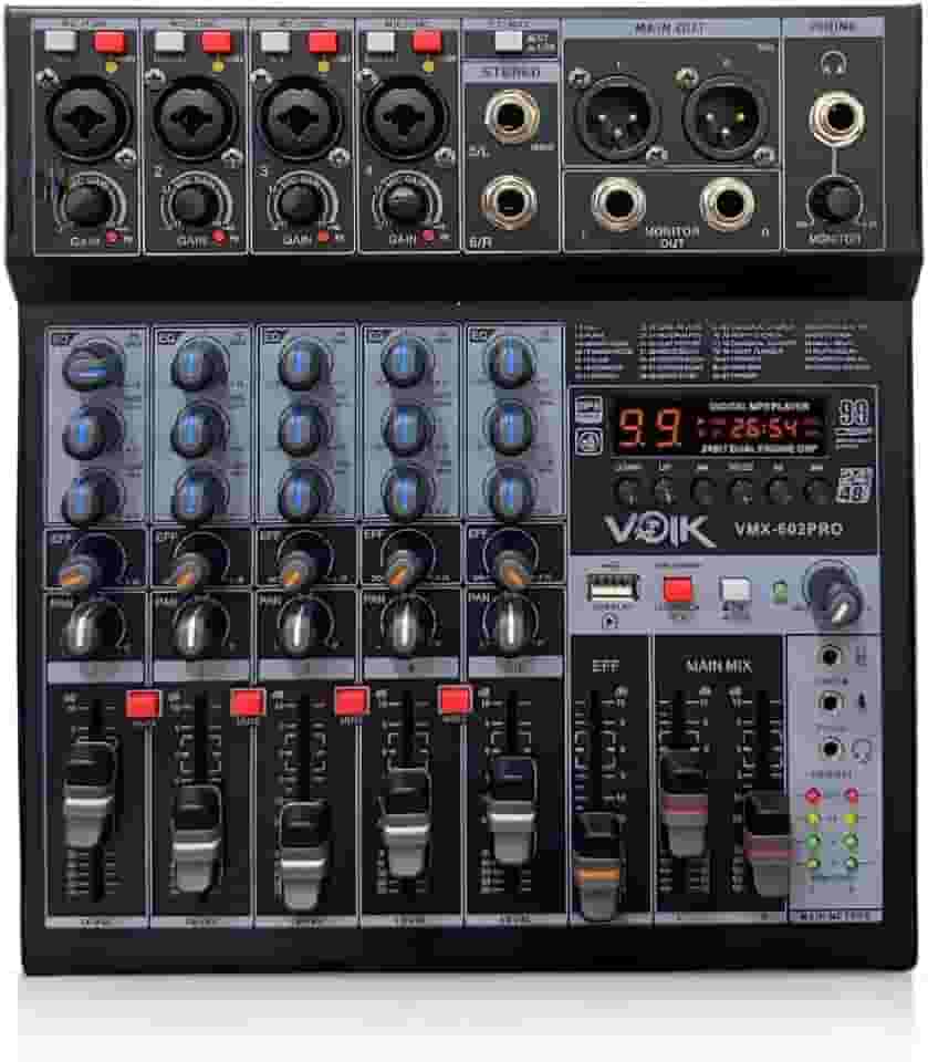 Mesa de Som 6 Canais com USB e Bluetooth 48v Igreja Voik VMX-602PRO